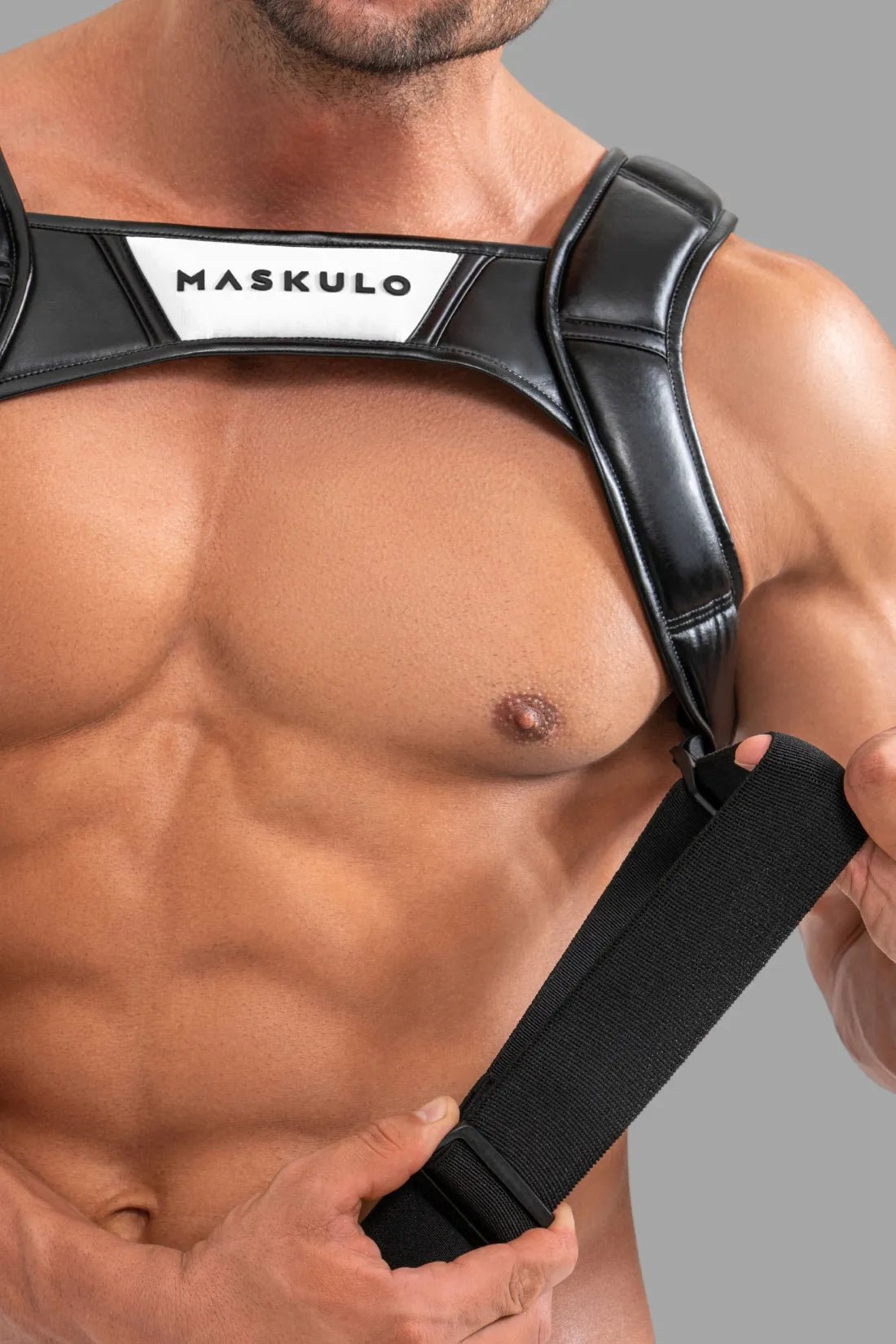 Black and white body harness with push-up effect from Maskulo Global (EU) online store. Stylish and unique men&