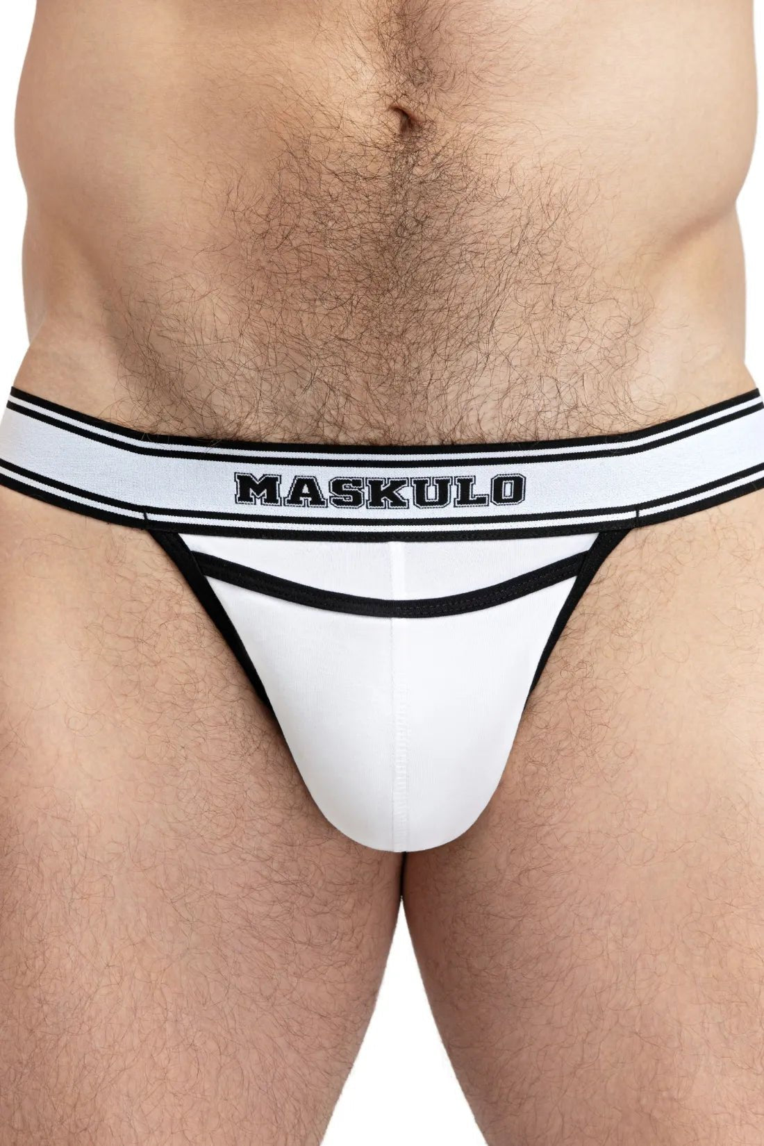 Maskulo College Cotton Jockstrap in white and black. Everyday jockstrap with soft push-up, 95% cotton, 5% elastane, and breathable material.