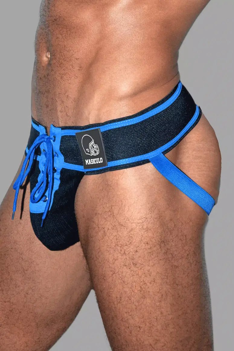 Liam Gridd - Iron, American Football Jockstrap. Black + Royal Blue - Maskulo - MJS191 - Y1 - Maskulo Global (EU) Store