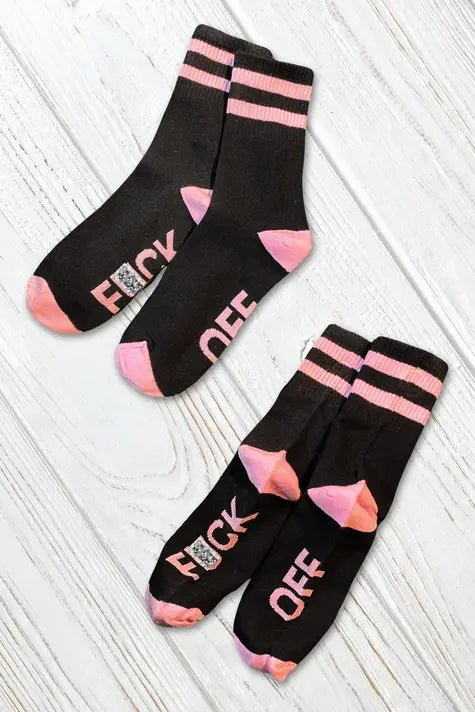 &quot;F*CK OFF&quot; Crew Socks. Black + Pink - Maskulo - MSC117 - YX - Maskulo Global (EU) Store