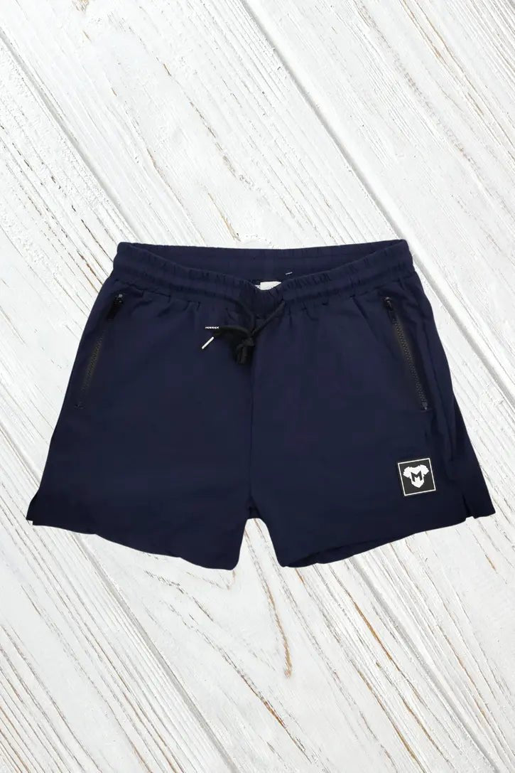 Maskulo Jedd Synther nylon-polyester soft shorts in navy blue with stylish fit, 2 side zip-pockets, and soft mesh lining.