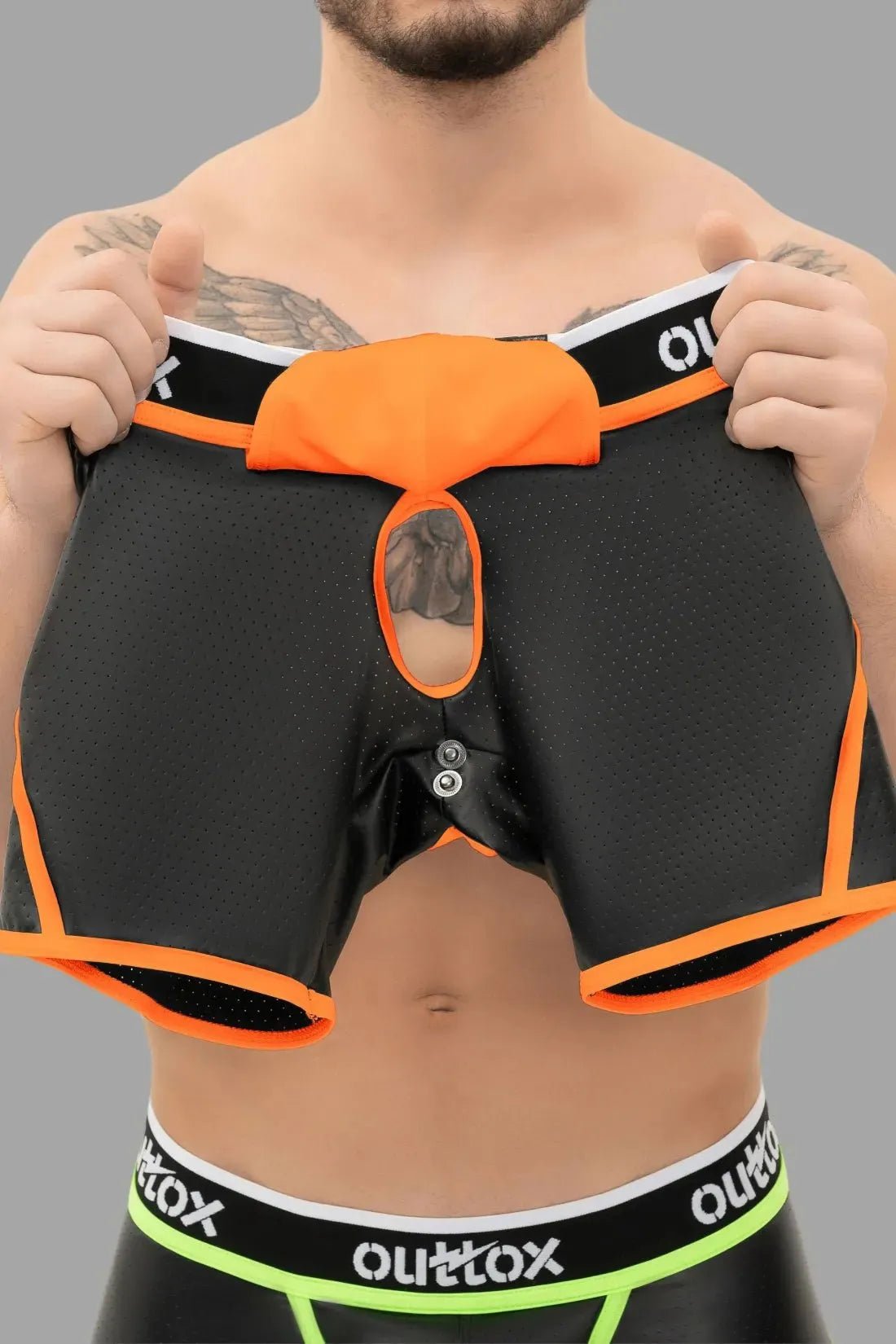 Outtox. Open Rear Shorts with Snap Codpiece. Orange Neon - Outtox by Maskulo - XSH106-Y1 - Maskulo EU Global Online Store