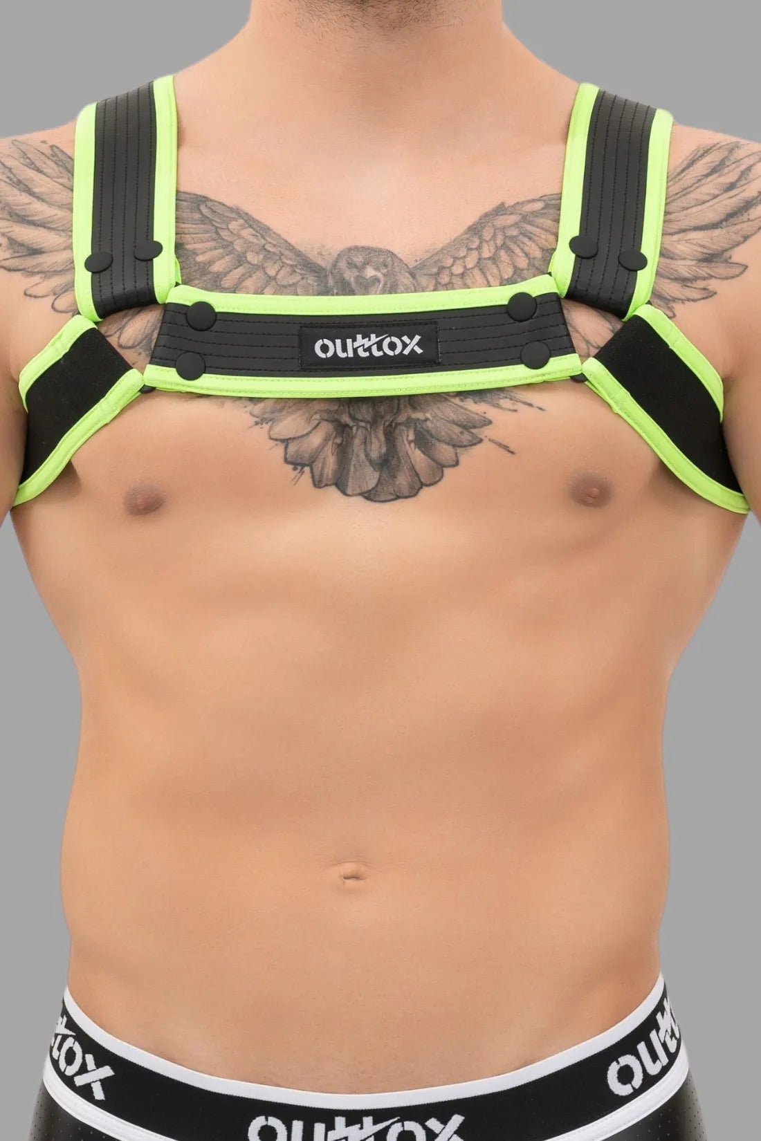 Outtox Bulldog Harness with Snaps in Black and Neon Green from Maskulo Global (EU) online Store. Durable harness accessory.